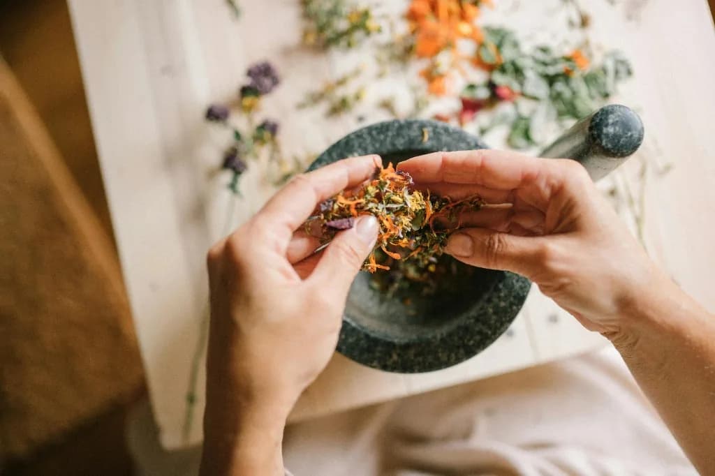 Dried herbs being prepared in a mortar for herbal medicine